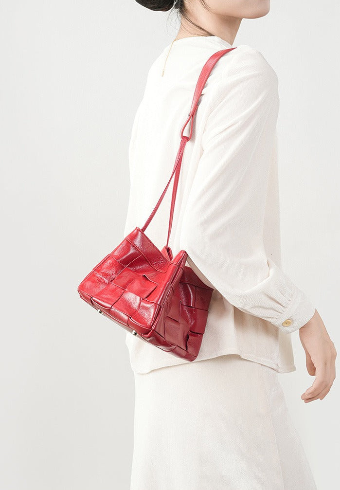 Woven Waxed Leather Crossbody Bucket Bag