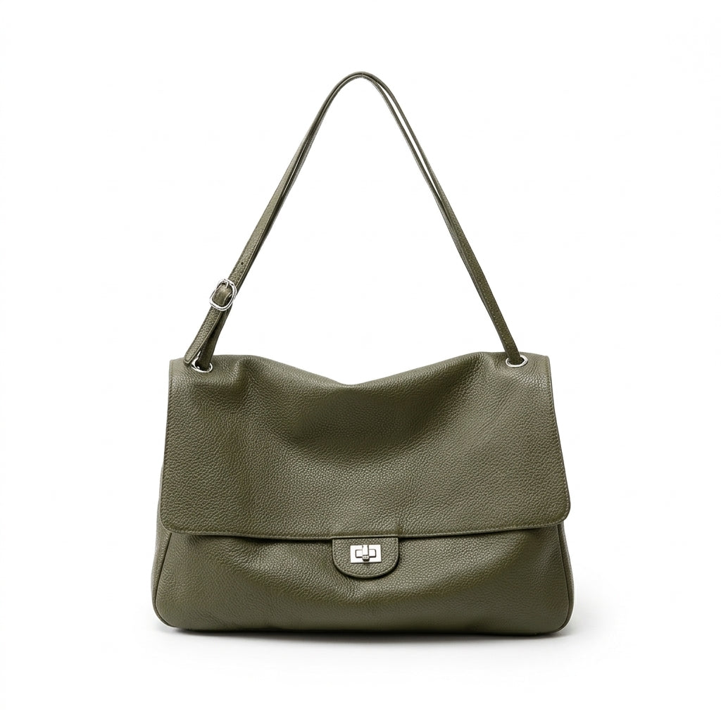 Grained Leather Turn-Lock Shoulder Bag