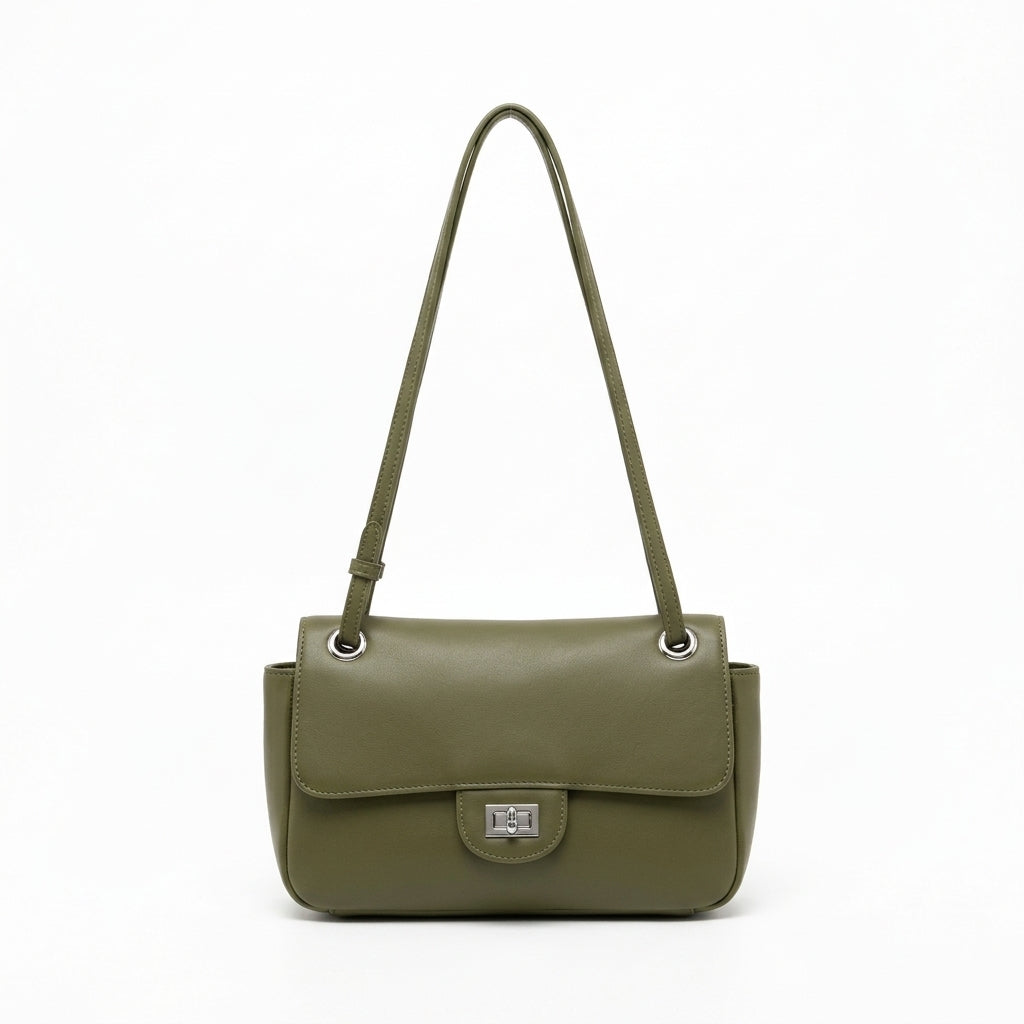 Grained Leather Turn-Lock Shoulder Bag