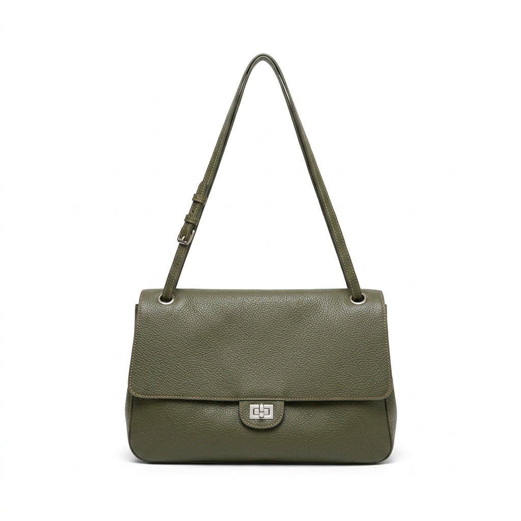 Grained Leather Turn-Lock Shoulder Bag