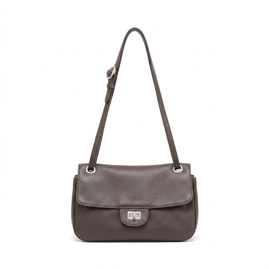 Grained Leather Turn-Lock Shoulder Bag