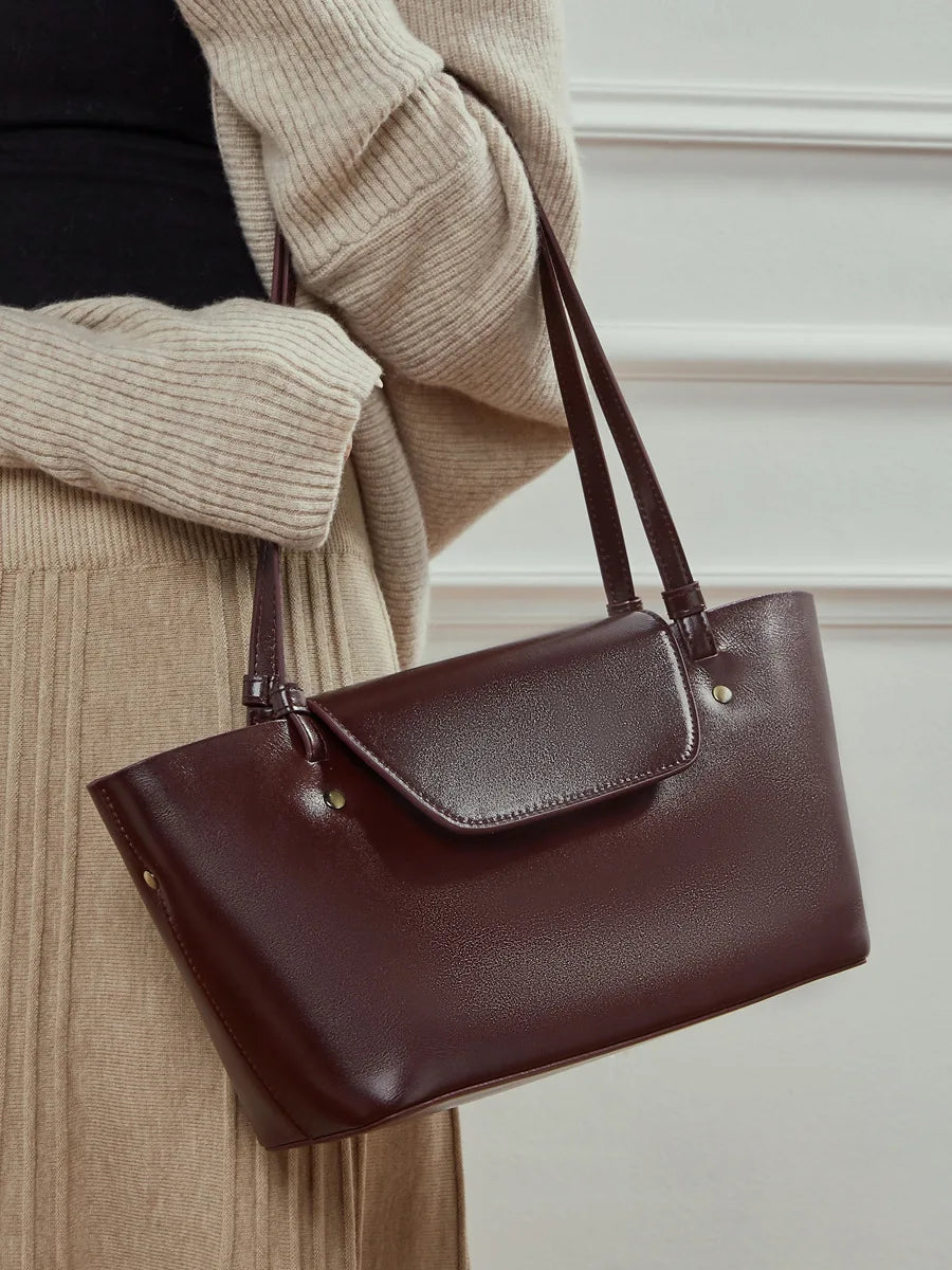 Sleek Genuine Leather Flap Contour Tote