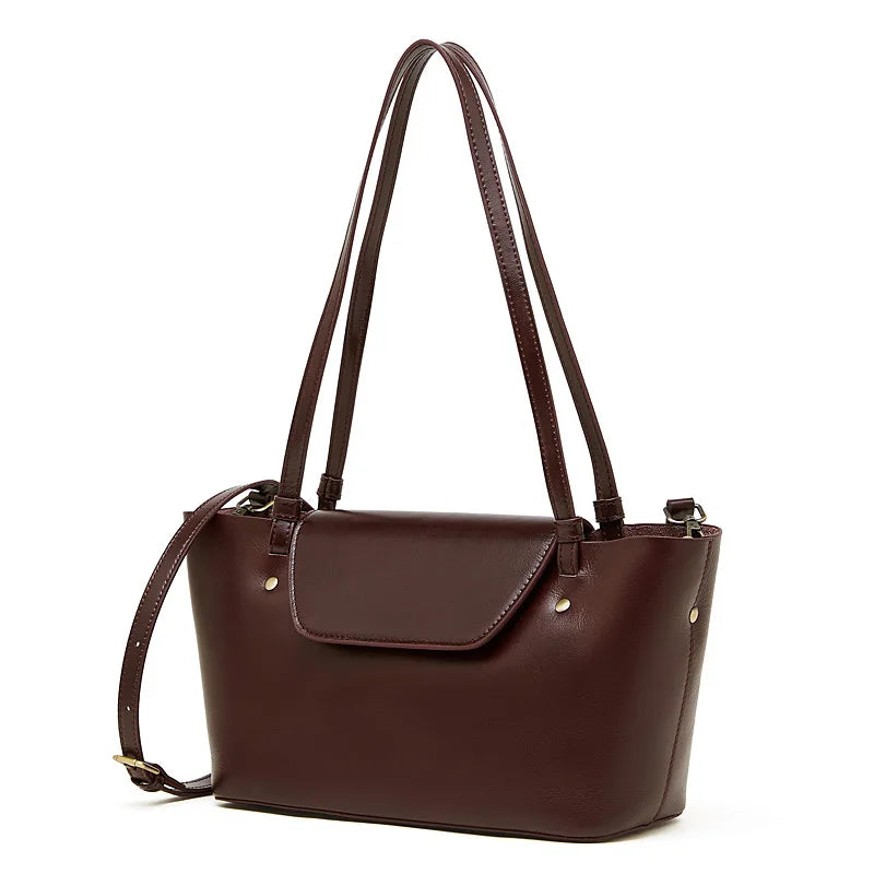 Sleek Genuine Leather Flap Contour Tote