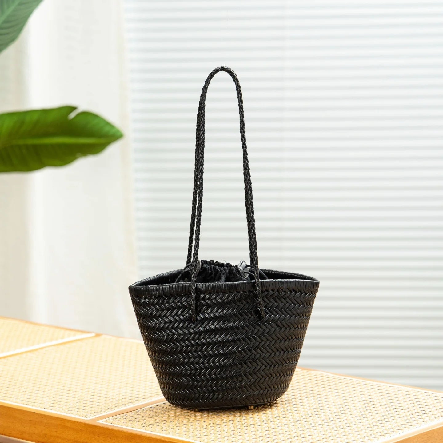 Genuine Leather Woven Beach Bucket Bag