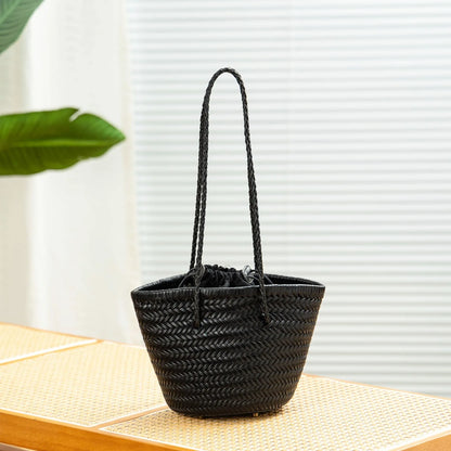Genuine Leather Woven Beach Bucket Bag