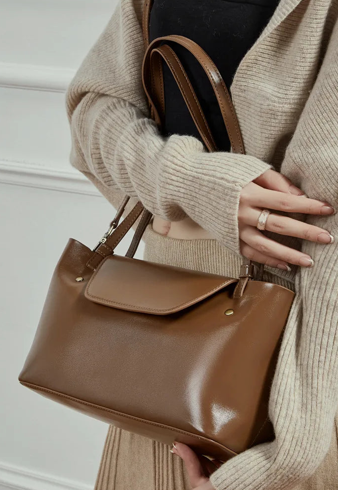 Sleek Genuine Leather Flap Contour Tote