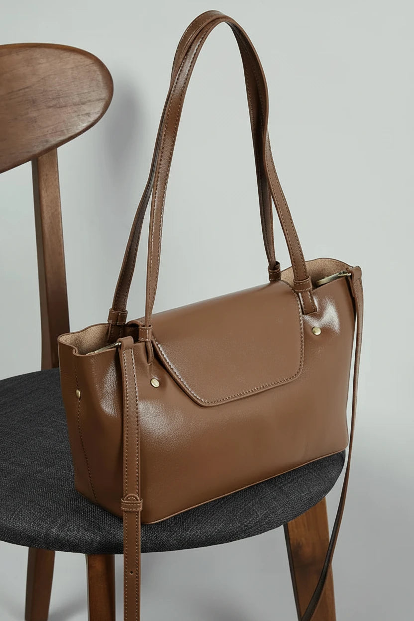 Sleek Genuine Leather Flap Contour Tote