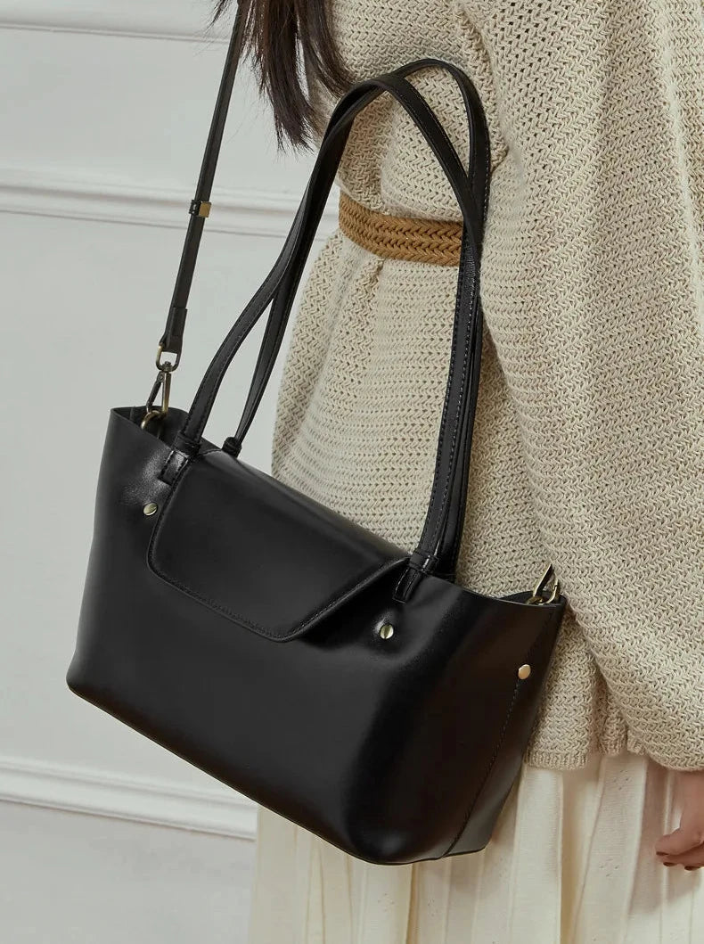 Sleek Genuine Leather Flap Contour Tote