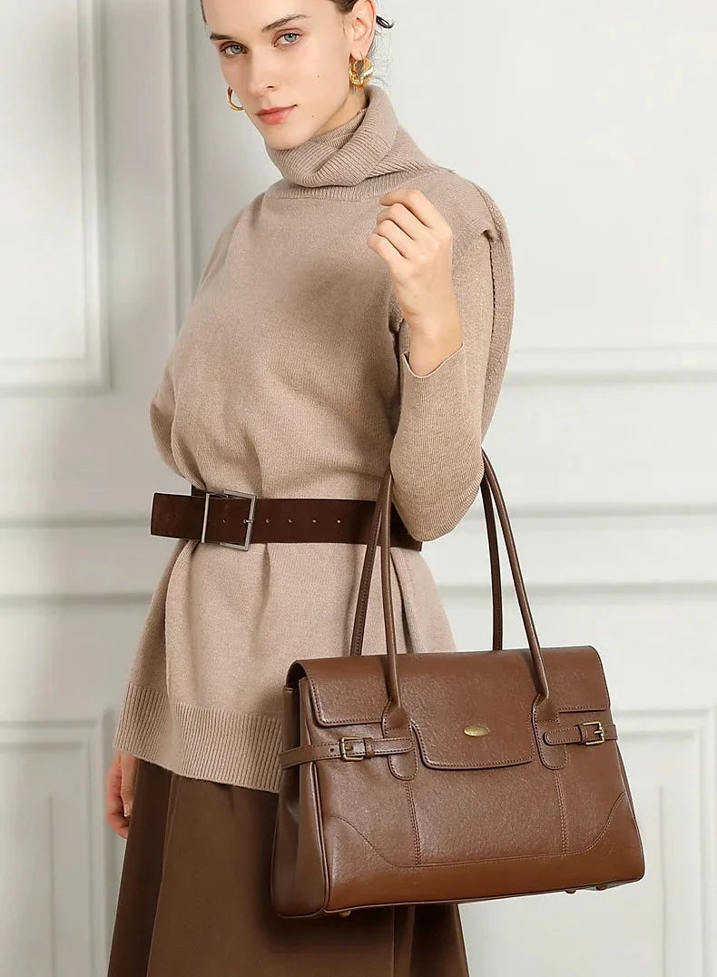 Aura Genuine Leather Side-Buckle Vintage Tote