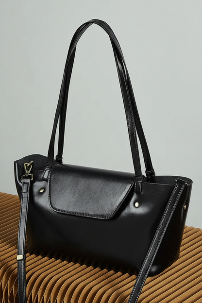 Sleek Genuine Leather Flap Contour Tote