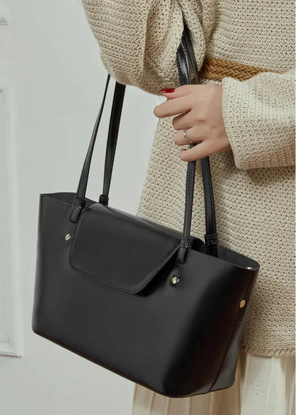 Sleek Genuine Leather Flap Contour Tote
