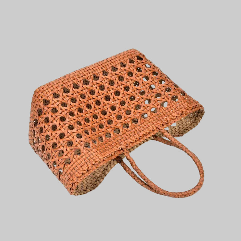 Genuine Leather Woven Beach Basket Bag
