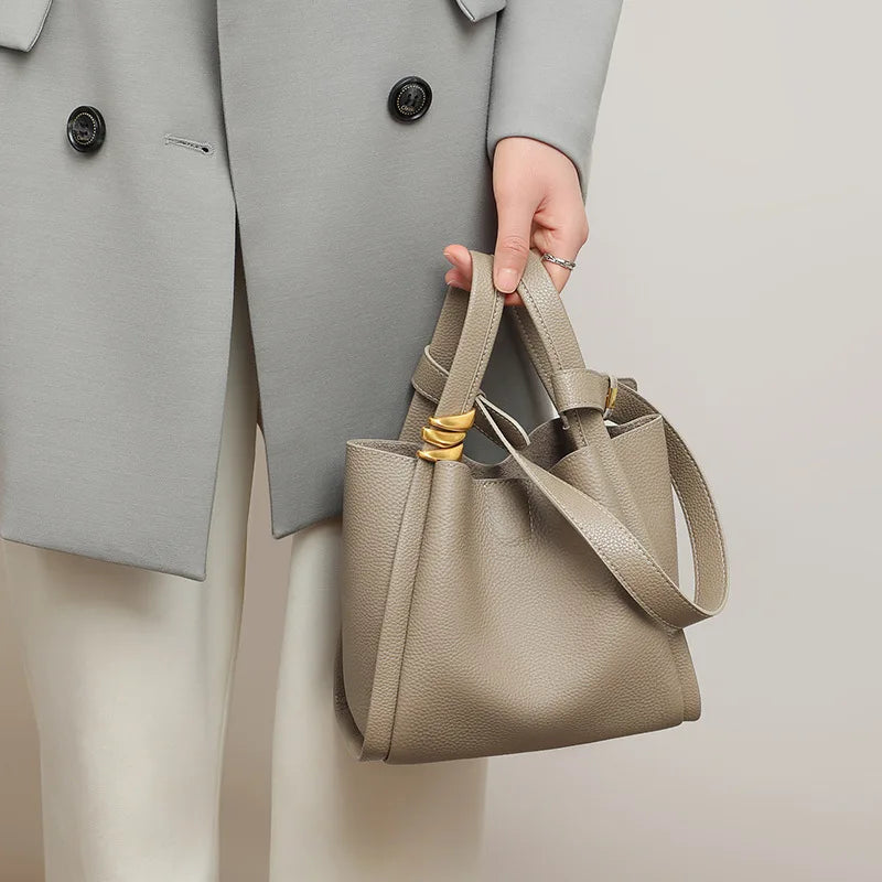 Exquisite Genuine Leather Versatile Casual Bucket Handbag