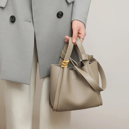 Exquisite Genuine Leather Versatile Casual Bucket Handbag