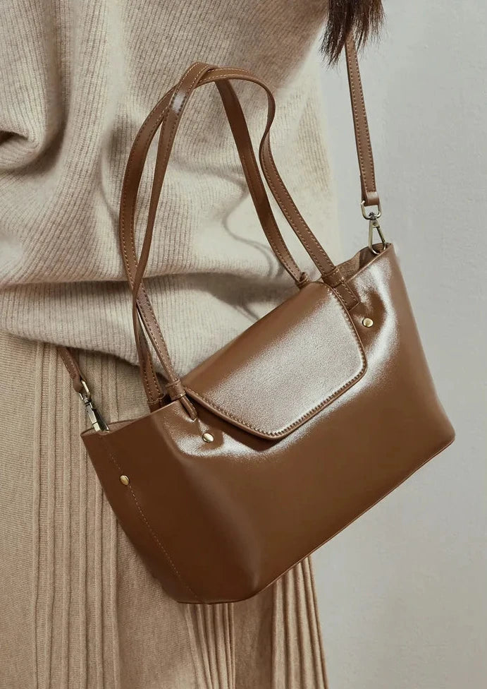 Sleek Genuine Leather Flap Contour Tote
