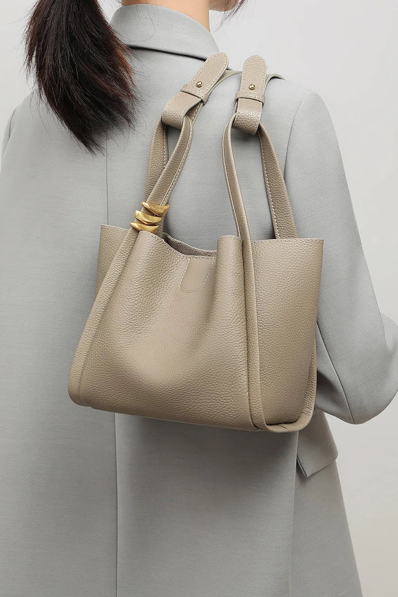 Exquisite Genuine Leather Versatile Casual Bucket Handbag