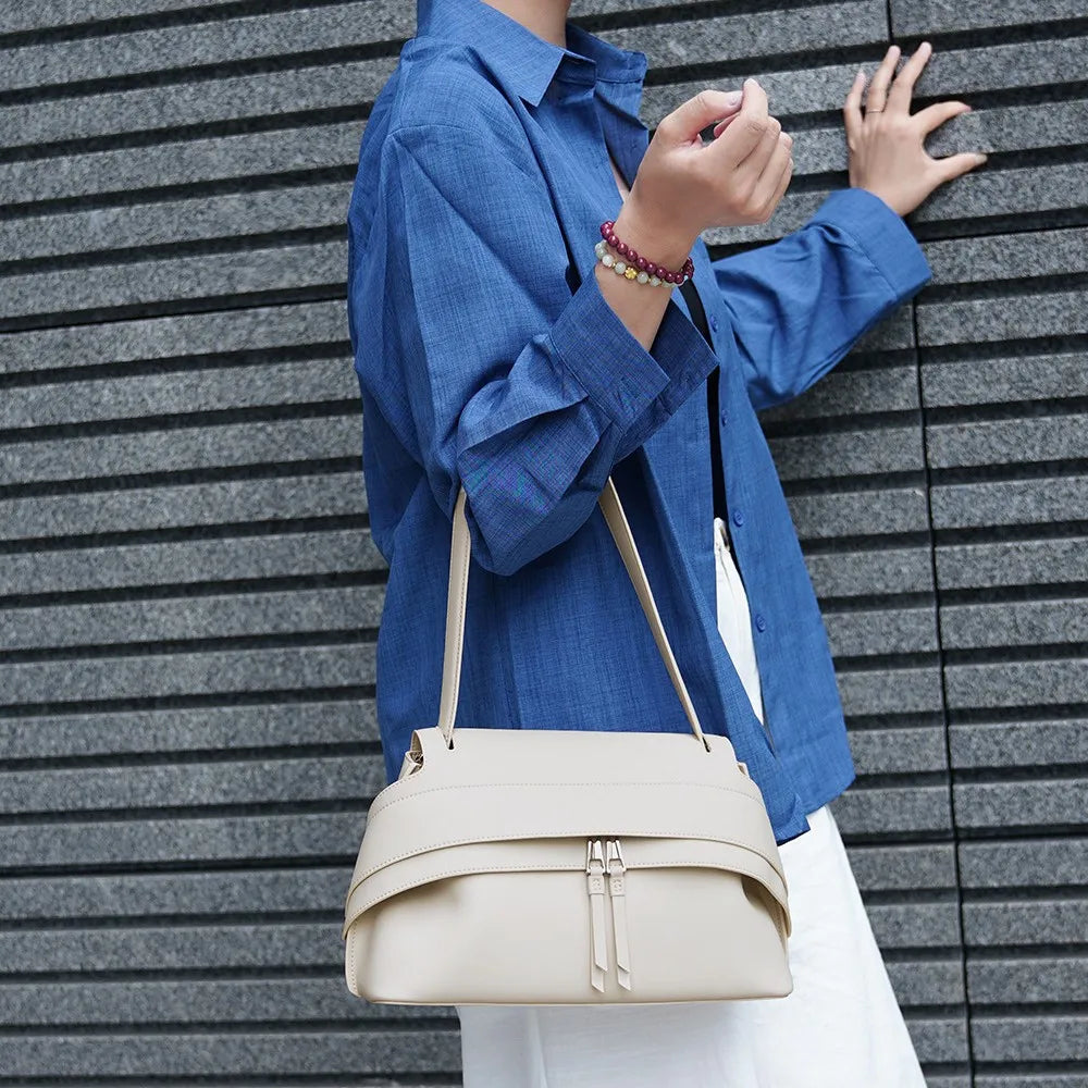Aura Genuine Leather Twin-Zip Flap Shoulder Bag