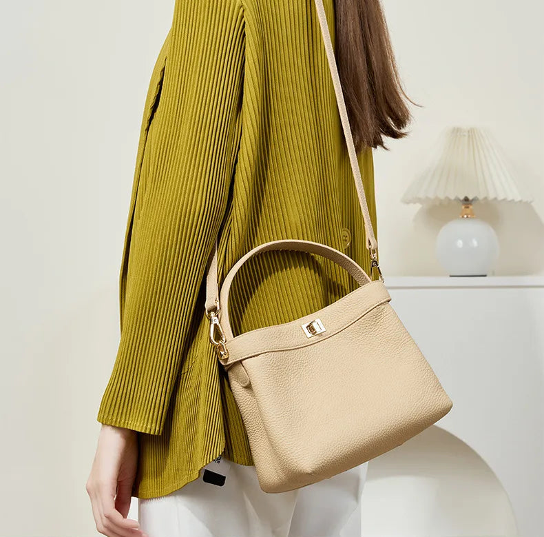 Refined Genuine Leather Signature Bucket Bag