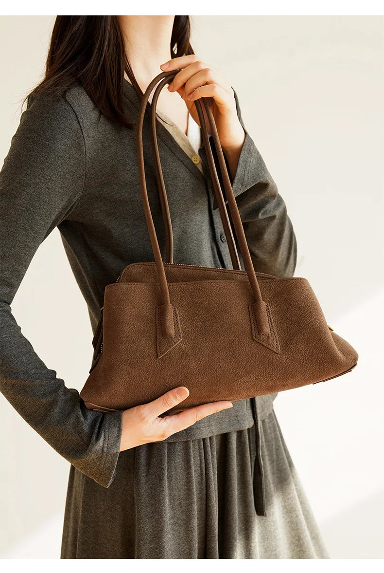 Genuine Leather Modern Curved Shoulder Bag