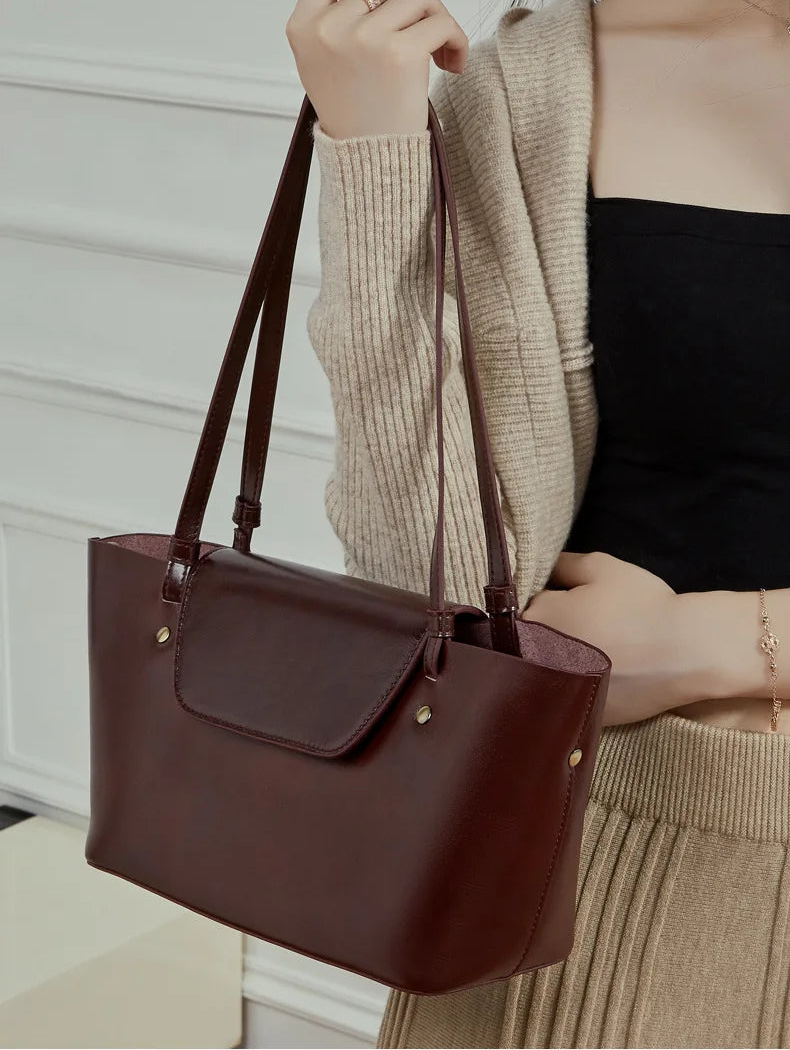 Sleek Genuine Leather Flap Contour Tote