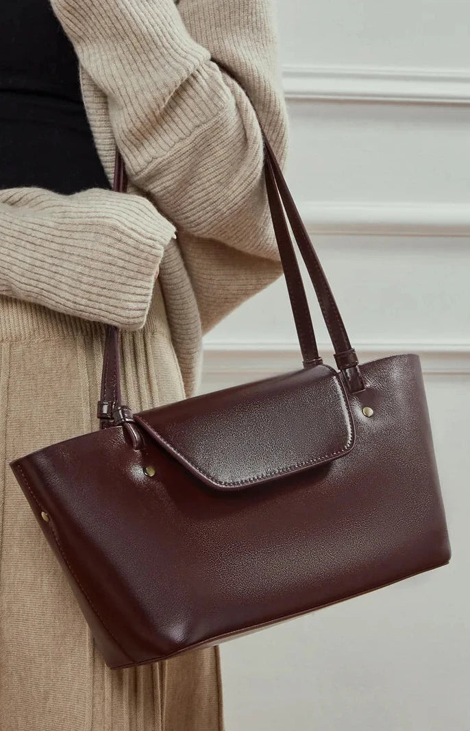 Sleek Genuine Leather Flap Contour Tote