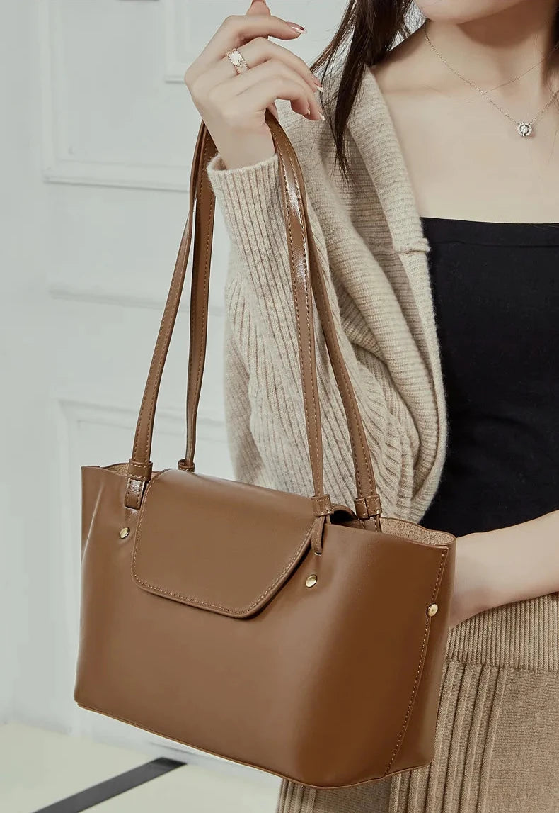 Sleek Genuine Leather Flap Contour Tote