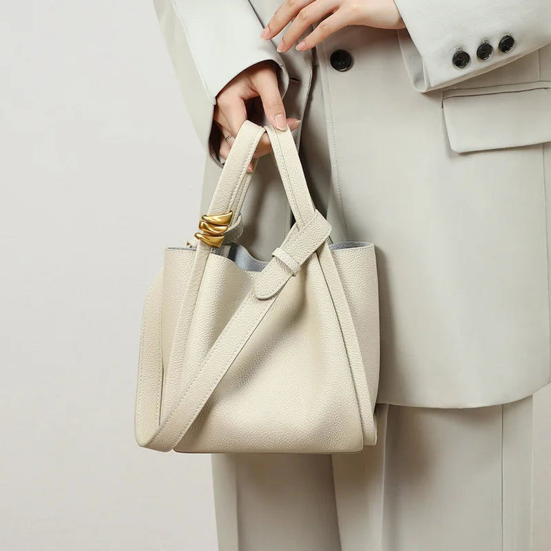 Exquisite Genuine Leather Versatile Casual Bucket Handbag