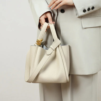 Exquisite Genuine Leather Versatile Casual Bucket Handbag