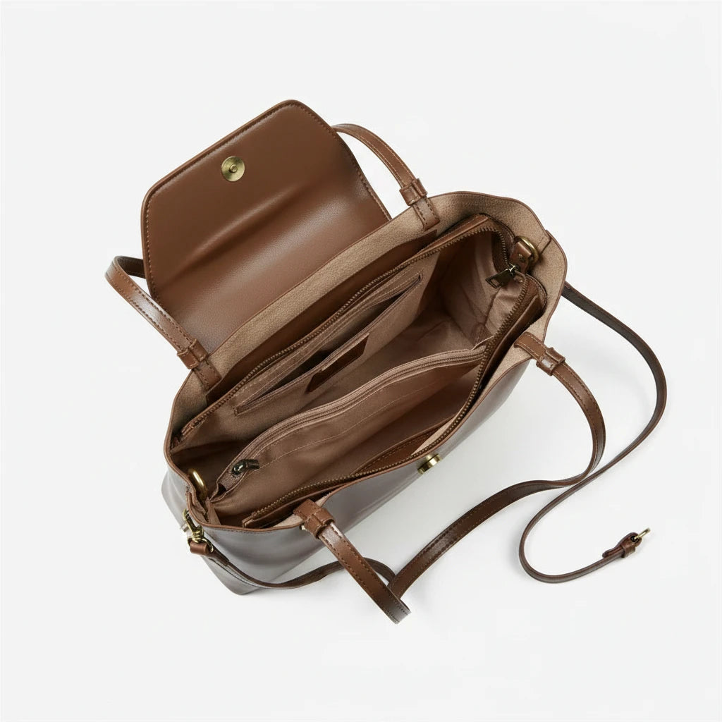 Sleek Genuine Leather Flap Contour Tote