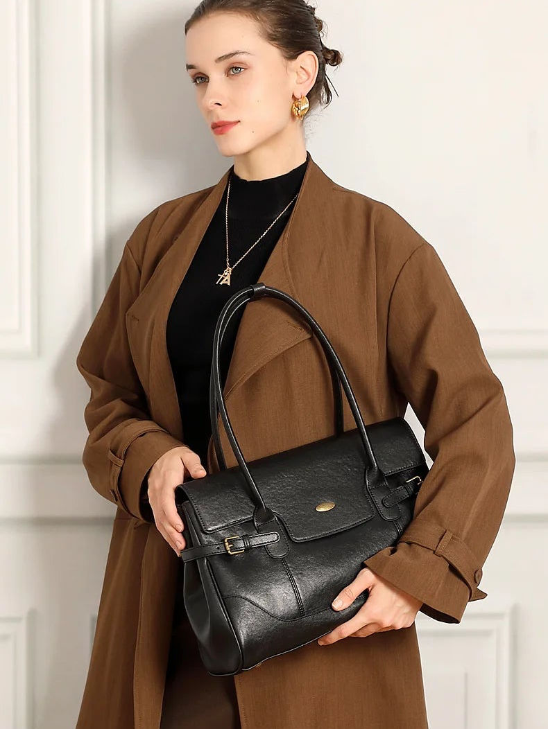Aura Genuine Leather Side-Buckle Vintage Tote