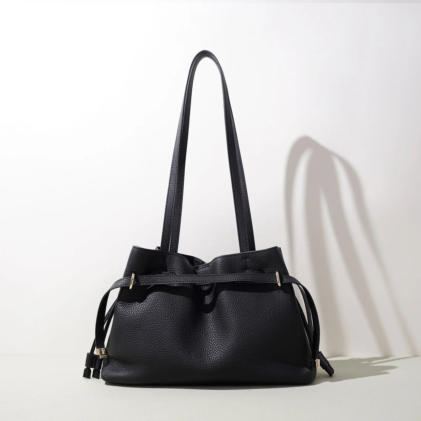 Stellar Genuine Leather Drawstring Pleated Tote