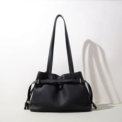 Stellar Genuine Leather Drawstring Pleated Tote