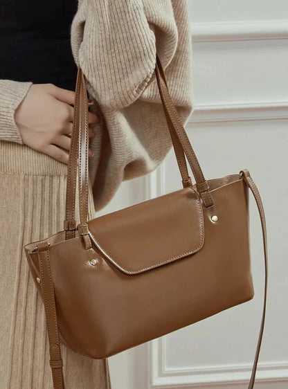 Sleek Genuine Leather Flap Contour Tote