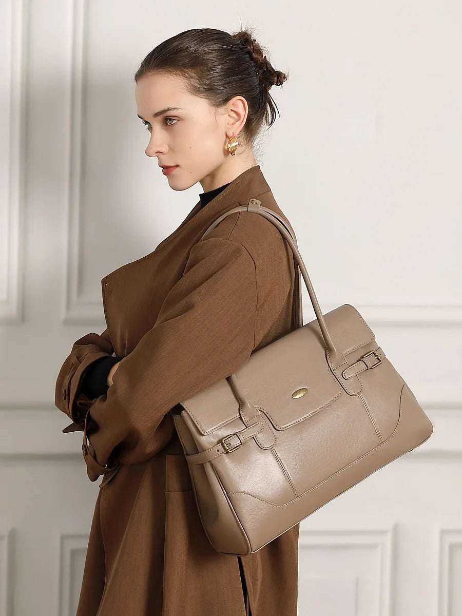 Aura Genuine Leather Side-Buckle Vintage Tote