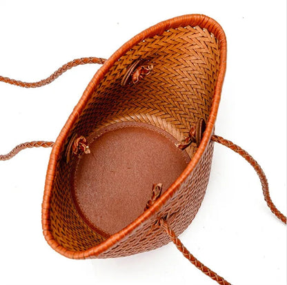 Genuine Leather Woven Beach Bucket Bag