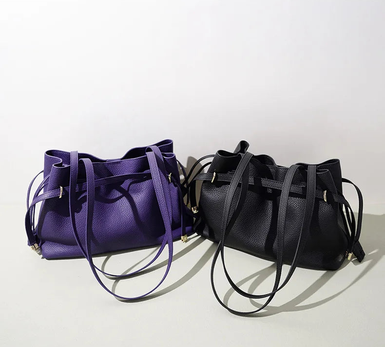 Stellar Genuine Leather Drawstring Pleated Tote