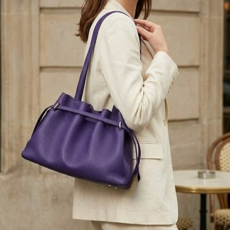 Stellar Genuine Leather Drawstring Pleated Tote