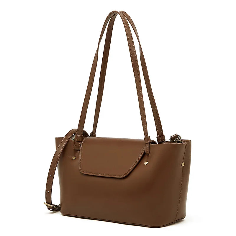 Sleek Genuine Leather Flap Contour Tote