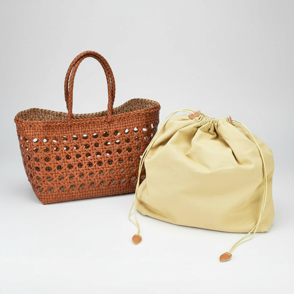 Genuine Leather Woven Beach Basket Bag
