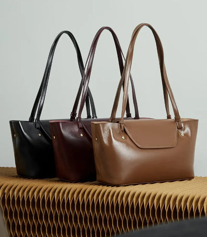 Sleek Genuine Leather Flap Contour Tote