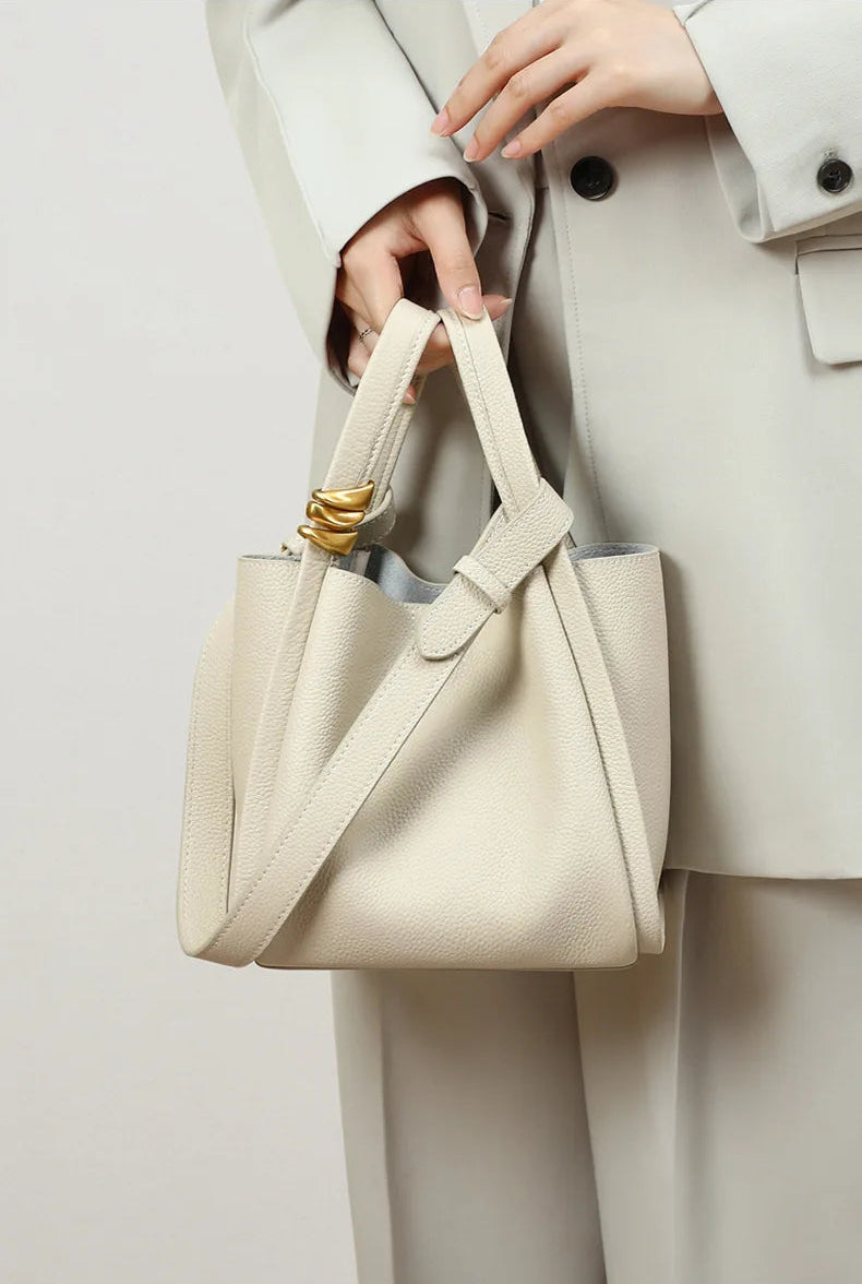 Exquisite Genuine Leather Versatile Casual Bucket Handbag