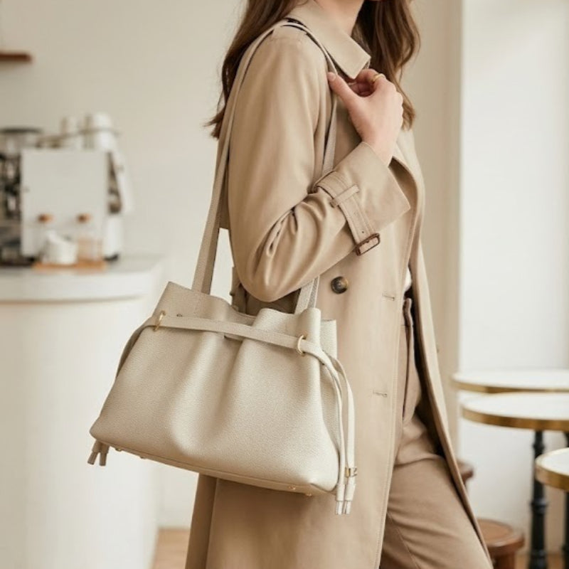 Stellar Genuine Leather Drawstring Pleated Tote