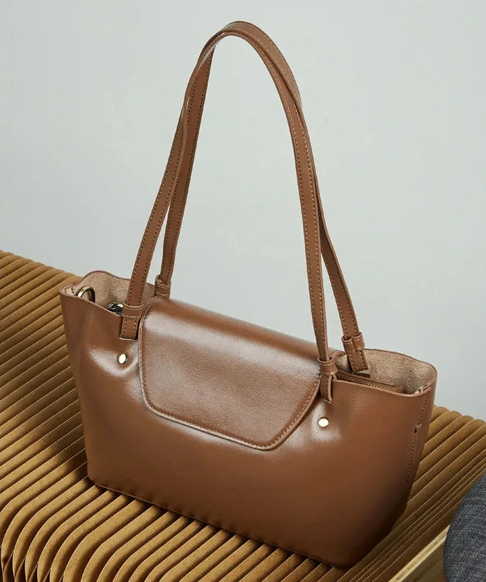 Sleek Genuine Leather Flap Contour Tote