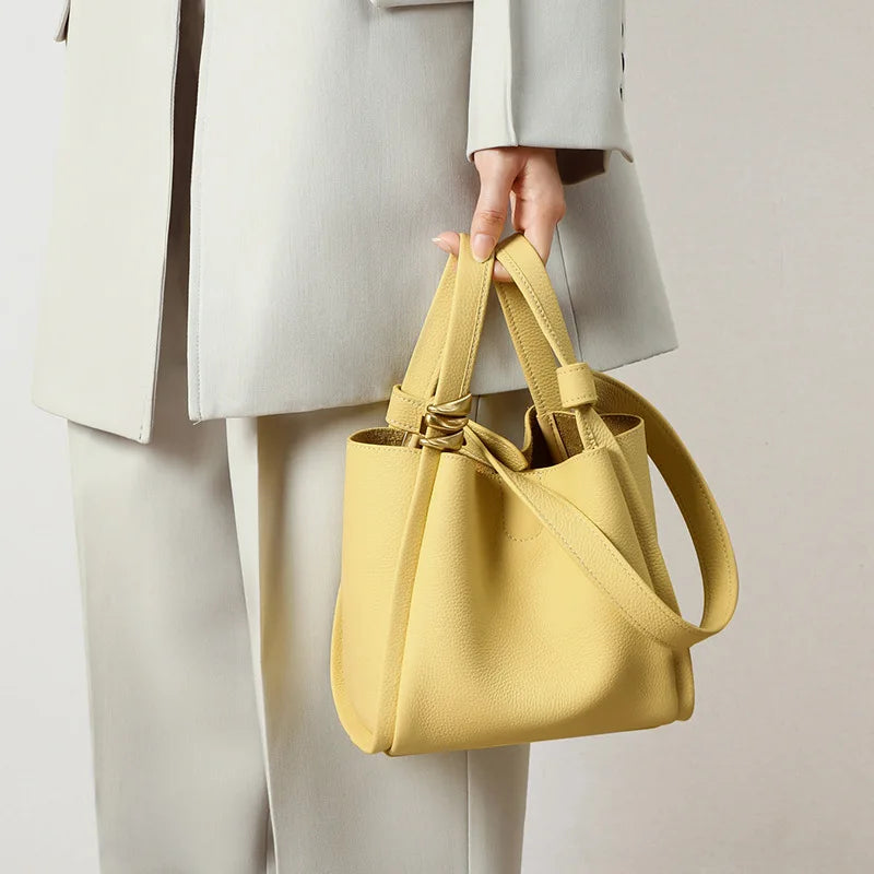 Exquisite Genuine Leather Versatile Casual Bucket Handbag