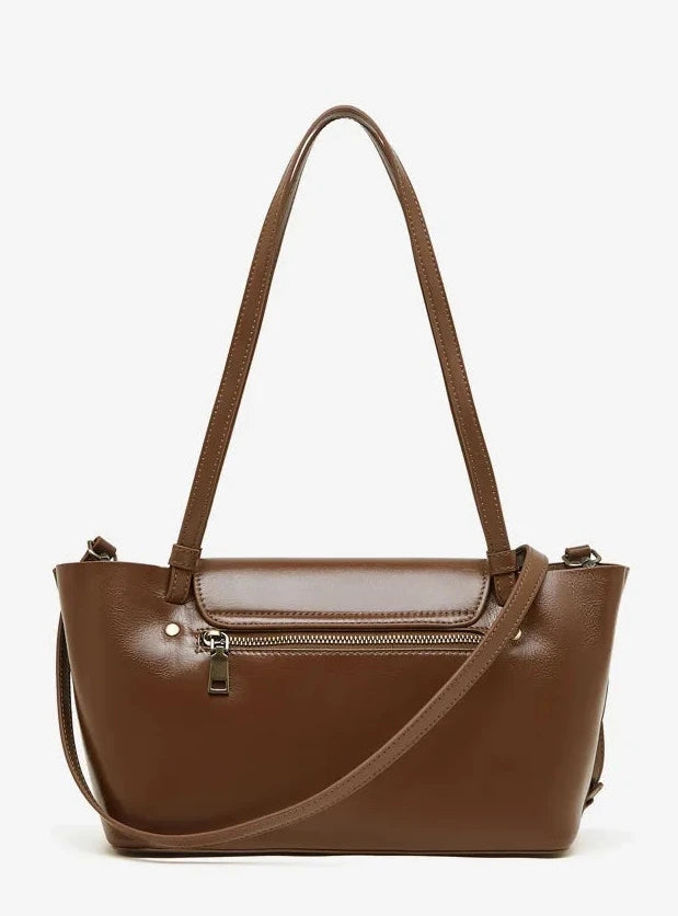Sleek Genuine Leather Flap Contour Tote