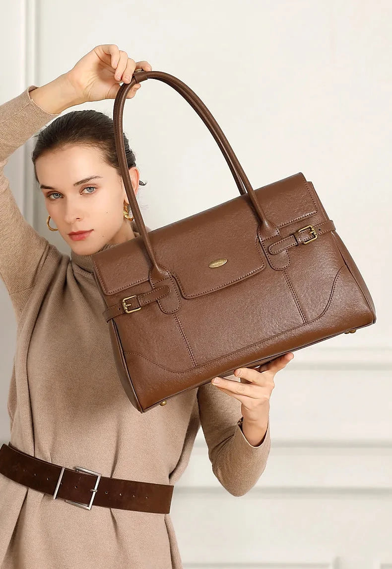 Aura Genuine Leather Side-Buckle Vintage Tote