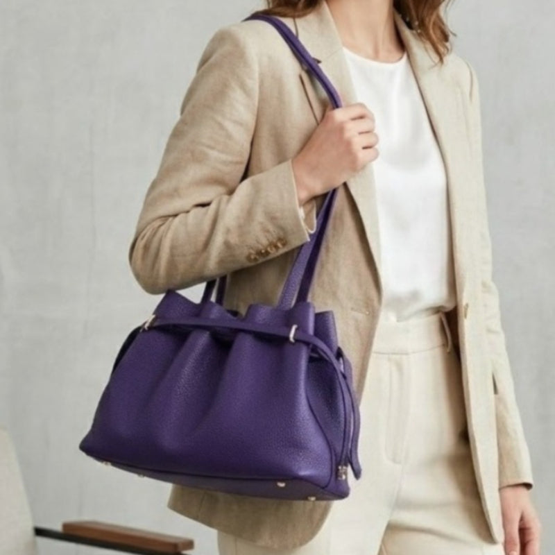 Stellar Genuine Leather Drawstring Pleated Tote