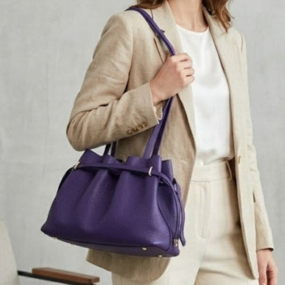 Stellar Genuine Leather Drawstring Pleated Tote