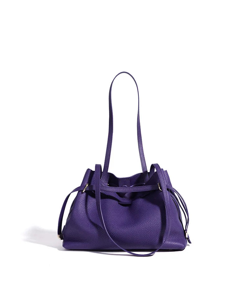 Stellar Genuine Leather Drawstring Pleated Tote