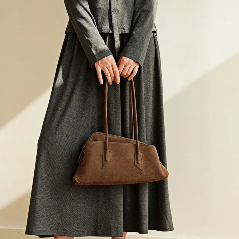Genuine Leather Modern Curved Shoulder Bag